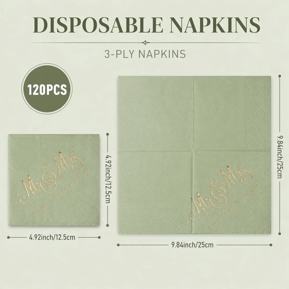 120 Pcs Sage Green Wedding Napkins Foil Printed Disposable 3 Ply Paper Cocktail Napkins Elegant Table Decor for Wedding Anniversary Party Restaurant Event Supplies Bulk Set