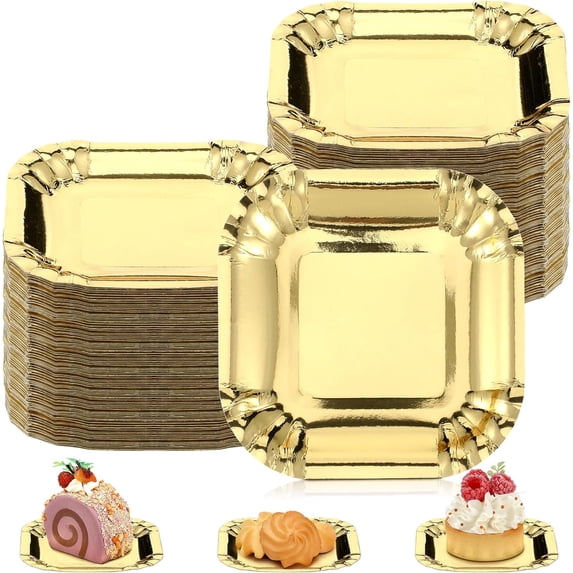 120 Pcs Small Gold Paper Plates 4 Inch Disposable Paper Dessert Appetizer Plates Gold Square Metallic Foil Tableware for Wedding Anniversary Party Valentine Birthday Tabletop Supplies
