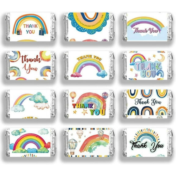 120 Pcs Thank You Mini Candy Bar Wrappers Cartoon Rainbow Balloon Cloud Chocolate Bar Label Stickers Self Adhesive Stickers