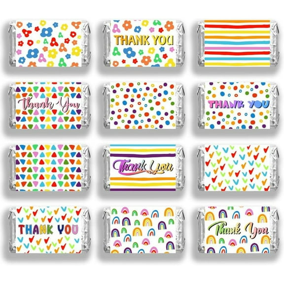 120 Pcs Thank You Mini Candy Bar Wrappers Rainbow Circle Flower Dot Chocolate Bar Label Stickers Self Adhesive Stickers for Son Daughter Shower Birthday Gratitude Party Favors(No Candy) Colorful DIY
