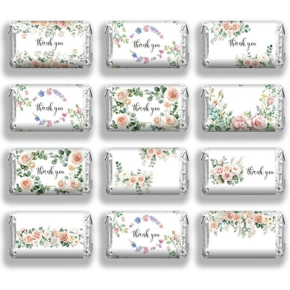 120 Pcs Thank You Theme Candy Wrapping Paper Elegant Plants Mini Candy Bar Wrapper Floral Plants Pink Roses Chocolates Bar Label Stickers for Wedding Birthday Baby Shower Party Favors