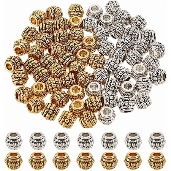 120 Pcs Tibetan Large Hole Spacer Beads 2 Colors Alloy European Rondelle Beads Tube Column Loose Beads