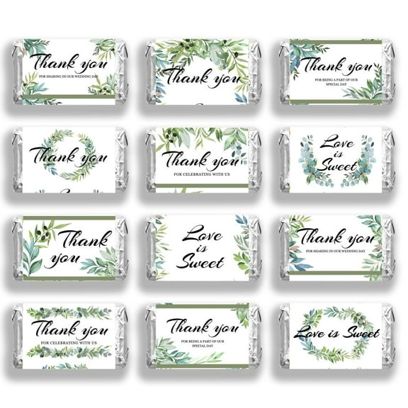 120 Pcs Wedding Candy Wrappers Thank You Green Mini Candy Bar Wrapper Love Is Sweet Chocolates Bar Label Stickers for Guests Wedding Party Favors (No Candy) 1.4x2.6inch
