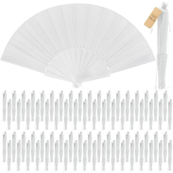 120 Pcs Wedding Folding Hand Fans Bulk Silk Fabric Chinese Handheld Foldable Clack Fans with Plastic Ribs for Party, Wedding Gifts, Line Dancing, Home Decorative (White)