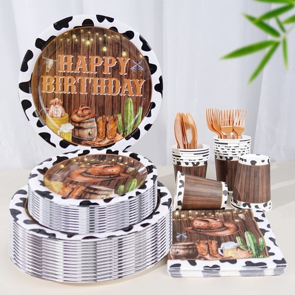 120 Pcs Western Cowboy Theme Retro Wood Grain Cow Print Birthday PARTY plate Napkins For 20 Guests