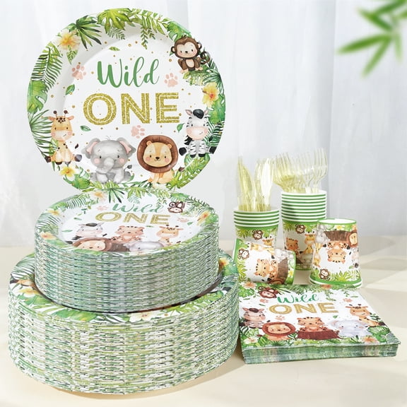 120 Pcs Wild One Jungle Safari Animals Theme Birthday PARTY plate Napkins Supplies For 20 Guests