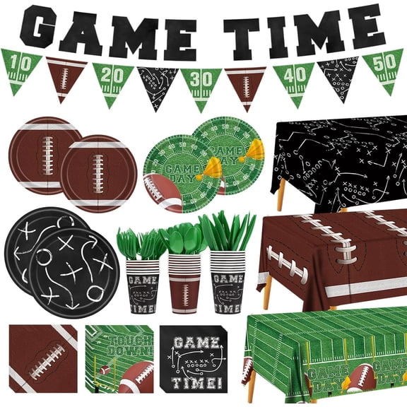 120-Piece Football Party Tableware Set - Serves 24 Guests, Includes Microwave-Safe Plates, Cups, Cutlery, Napkins & 3 Tablecloths - Disposable Game Day, Tailgate, Super Bowl Party Decorations