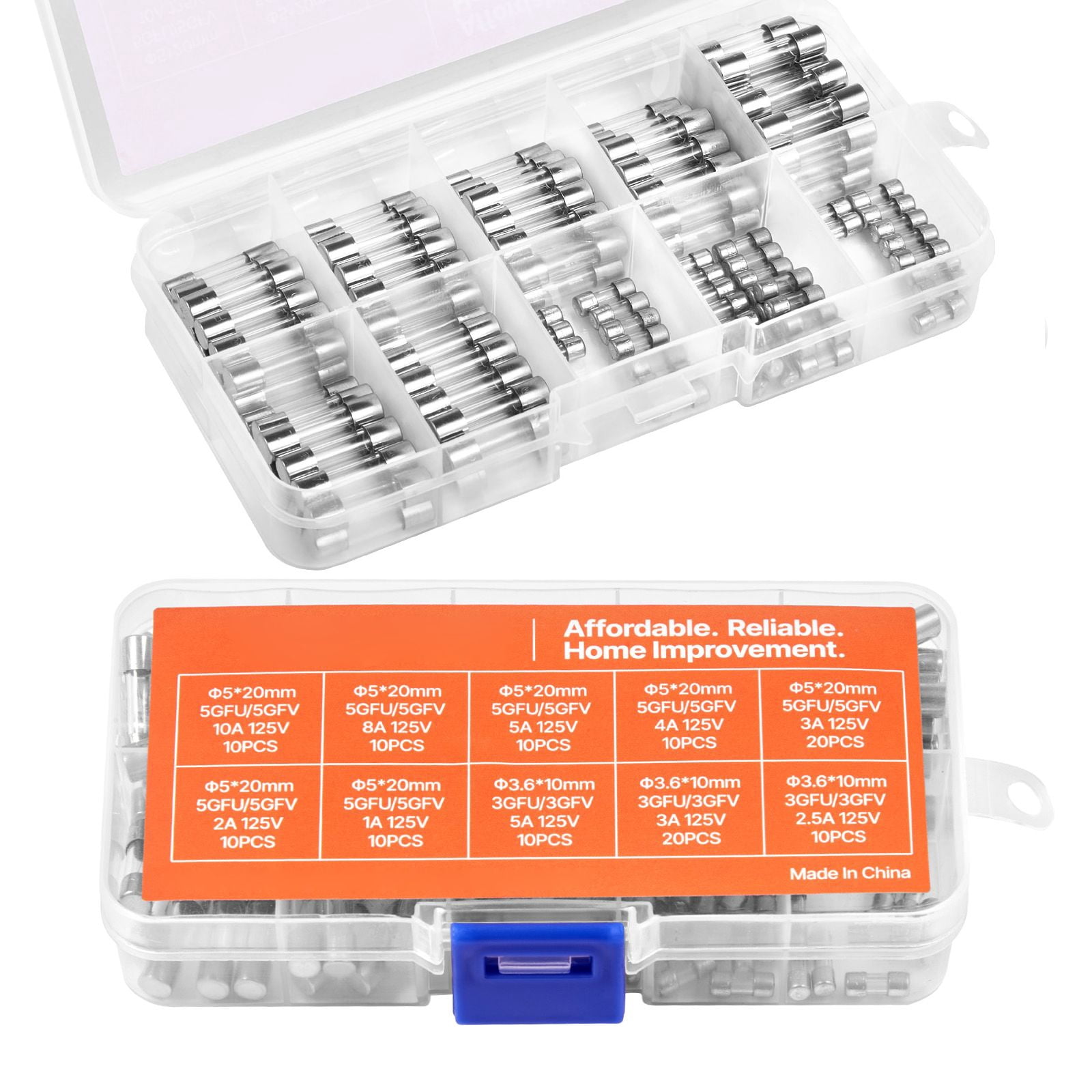 120-Piece Glass Tube Fuse Assortment Kit, Fast-Blow Multiple Sizes with Storage Box, 5x20mm Mini Fuse Set for Holiday Lights LED Electronics Repair