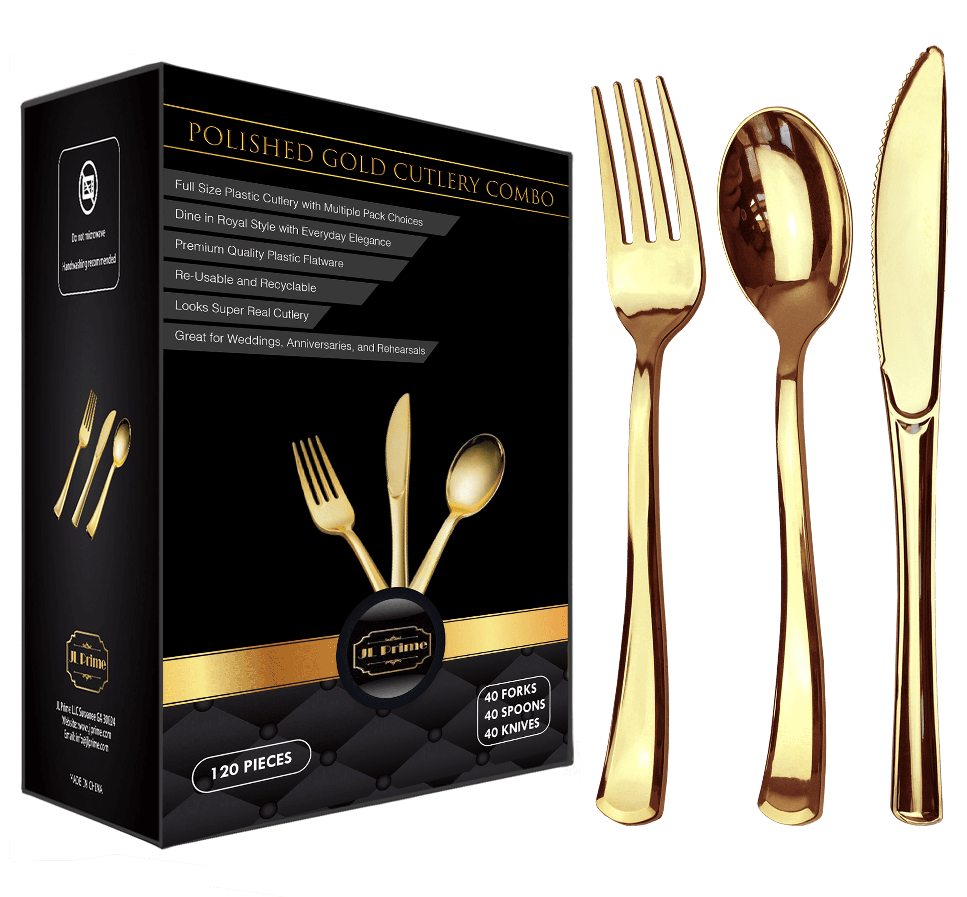 120 Piece Gold Plastic Silverware Set - Reusable & Recyclable - Gold Plastic Utensils for Weddings, Anniversaries, Showers, Parties - 40 Forks, 40 Spoons, 40 Knives - Elegant Cutlery by JL Prime