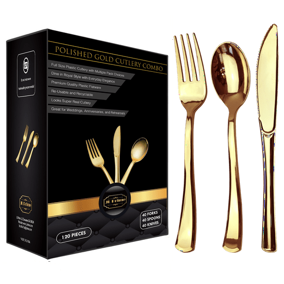 120 Piece Gold Plastic Silverware Set - Reusable & Recyclable - Gold Plastic Utensils for Weddings, Anniversaries, Showers, Parties - 40 Forks, 40 Spoons, 40 Knives - Elegant Cutlery by JL Prime