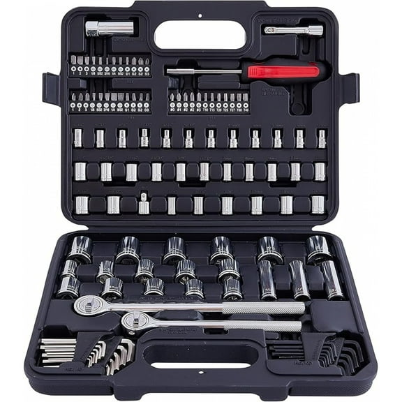 120 Piece Mechanic Tool Set, 1/4 & 3/8 Inch Drive SAE & Metric Socket Wrench Kit, Sockets, Combination Wrenches Auto Repair Tool Set with Storage Case and as A Gift