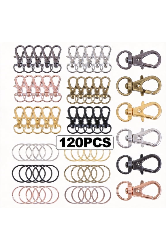 120-Piece Swivel Lanyard Snap Hooks and Key Rings Set, 6 Assorted Colors, Metal Lobster Claw Clasps for Keychain Making, DIY Jewelry and Craft Supplies, 360 Rotatable (Multicolor)