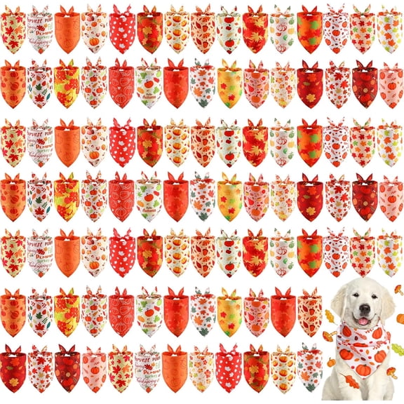 120-Piece Thanksgiving Fall Bandanas for Dogs, Autumn Pet Bibs with Maple Leaves and Pumpkin Designs, Adjustable Triangle Dog Scarf for Small Medium Large Costumes