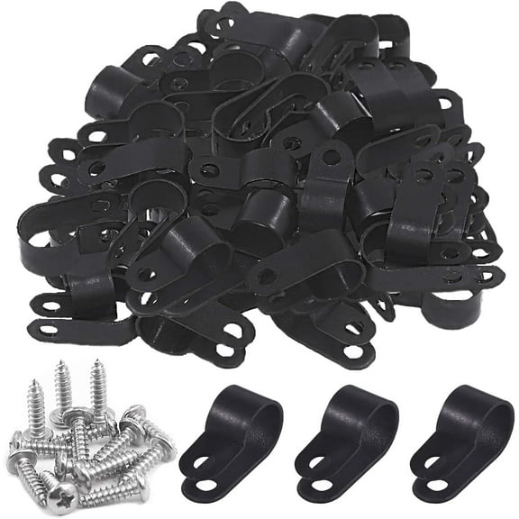 120 Pieces 1/2 inch Black Nylon Cable Clamps with Stainless Steel Screws, R-Type Mounting Cord Fastener Wire Clamps for Wire Pipe Management