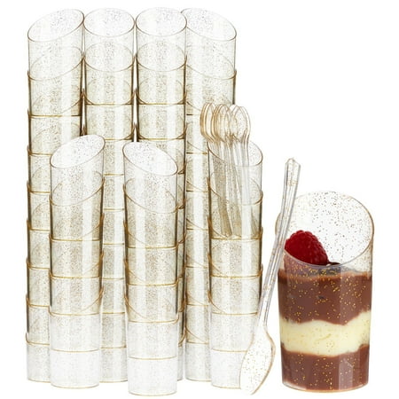 120 Pieces of Gold Glitter Mini Dessert Cups with Spoons, Plastic Disposable Dessert Cups 3oz for Parfait, Shooters, Mousse, Appetizers, Samples, Treats, Serves 60