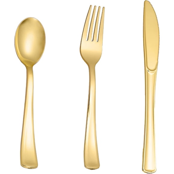 120 Pieces Gold Plastic Silverware, Heavy Duty Disposable Cutlery Set, Plastic Gold Silverware Set Includes 40 Forks, 40 Spoons, 40 Knives for Party, Wedding and Spring Celebrations