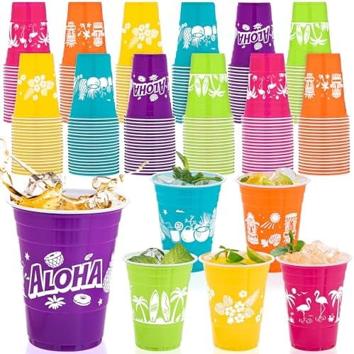 120 Pieces Hawaiian Luau Cups Tiki Party Decorations Cups 16 Oz Tiki Tropical Plastic Disposable Cup Coconut Beach Decoration for Tropical Moana Birthday Supplies