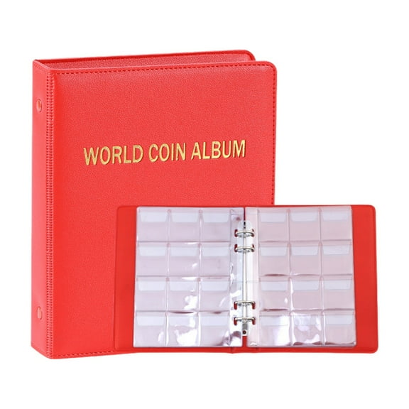 120 Pockets Coin Album - Coin Collecting Book with 10 Pages,33x33 mm Grid Holder(Red)
