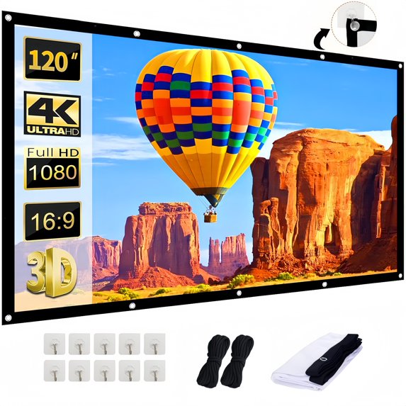 120" Portable Projector Screen | Indoor/Outdoor 16:9 Wrinkle-Free Movie Screen | Front/Rear Projection for Home Theater & Backyard Movies