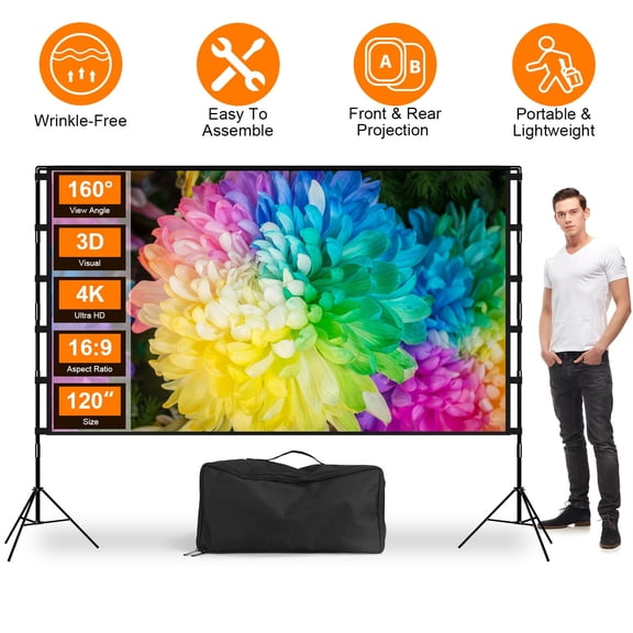 120" Portable Projector Screen with Stand, Foldable & Anti-Crease, HD 4K Movie Screen for Outdoor/Indoor Use, Home Theater, Parties & Business Presentations - Includes Carry Bag