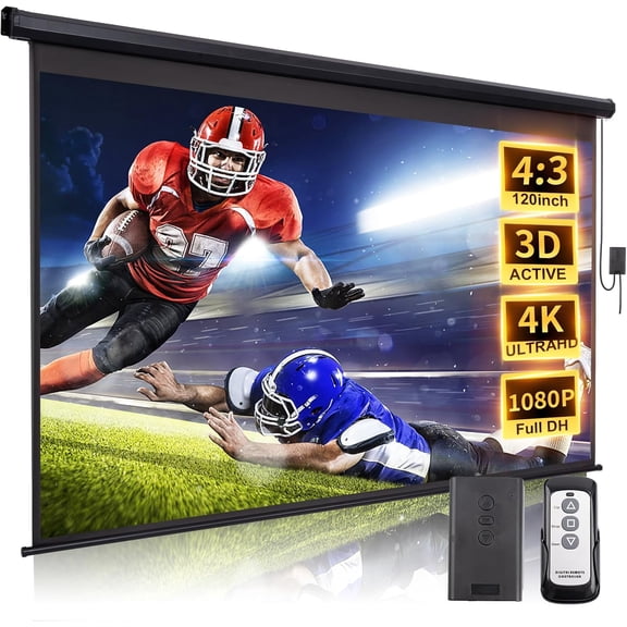 120 in Projector Screen Motorized Electric Projector Screen Black | 4:3 HD Pull Down Projector Screen Automatic with Remote Black Retractable Movie Screens Wall Mount Ceiling Outdoor Indoor