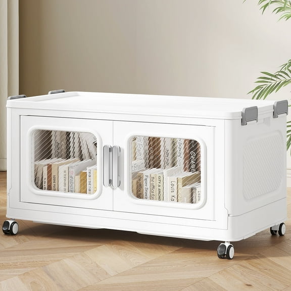 120 Qt Extra Large Stackable Storage Bins with Lids, 30 Gal Plastic Foldable Storage Cubes, Collapsible Closet Organizer and Storage Drawers with Wheels, 1-Pack, White