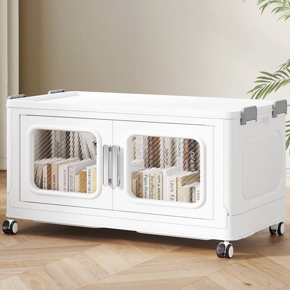 120Qt Extra Large Stackable Storage Bins with Lids, 30 Gal Plastic Foldable Storage Cubes, Collapsible Closet Organizer and Storage Drawers with Wheels, 1-Pack, White