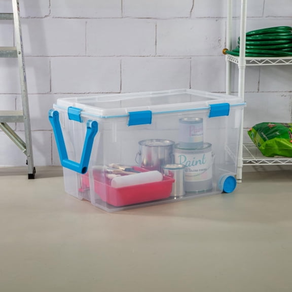 120 Qt Wheeled Gasket Storage Bin with Latching Lid and Clear Base for Home Organization