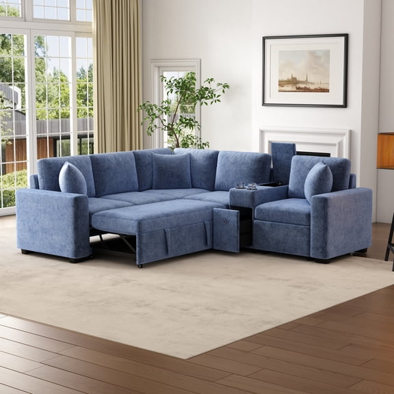 120" Sectional Sleeper Sofa with Pull Out Bed, L Shaped Chenille Cloud Couch with Cup Holders and Storage Drawer for Living Room, Blue
