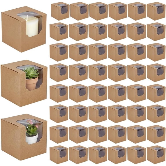 120 Set Individual Containers with Window, 3.54x3.54x3.54 Inch Kraft Paper Boxes, Tan Color Cube Shape Party Boxes for Wedding Birthday Easter Celebrations