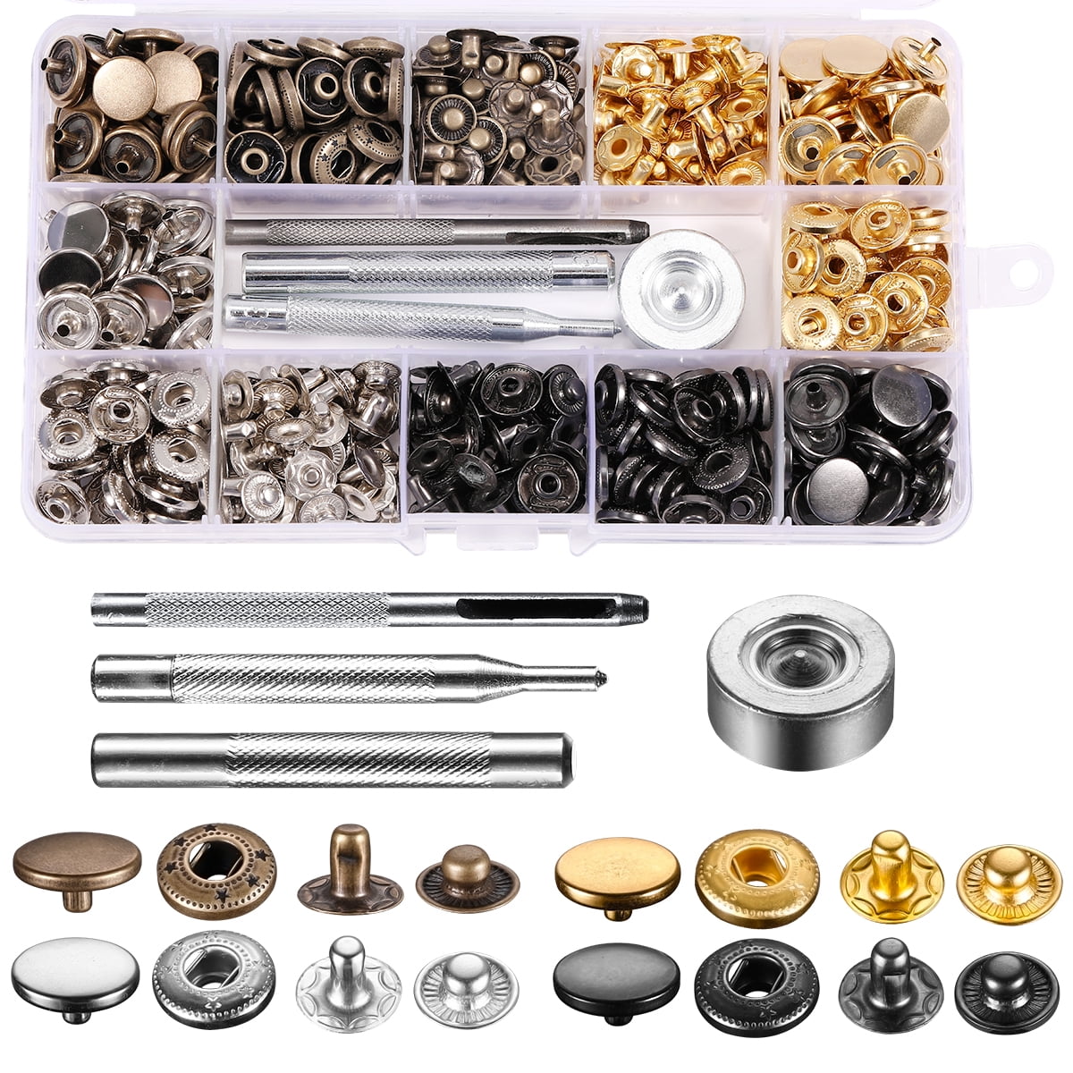 Leather Snap Fasteners Kit, 120 Pcs Metal Button Snaps Press Studs with 2  Setter Tools, Leather Snaps for Clothes, Jackets, Jeans Wears, Bracelets,  Bags 