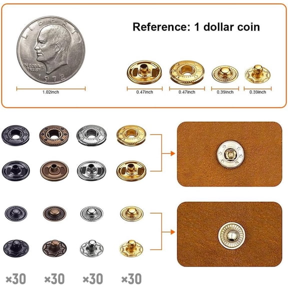 120 Set Snap Fasteners Kit for Leather 12mm Metal Button Snaps Press Studs with 4 Setter Tools, 1 Hammer, 4 Color Leather Snaps for Clothes, Jackets, Jeans Wears, Bracelets, Bags