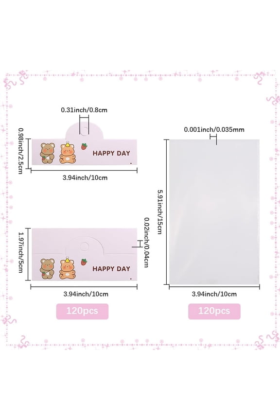 120 Sets 1.97 x 3.94 Inch Bracelet Display Bag Jewelry Packaging Card Rectangle Bear Paper Foldable Header Handmade OPP Bags for Showing Bracelets Earrings Rings Keychains Business Package