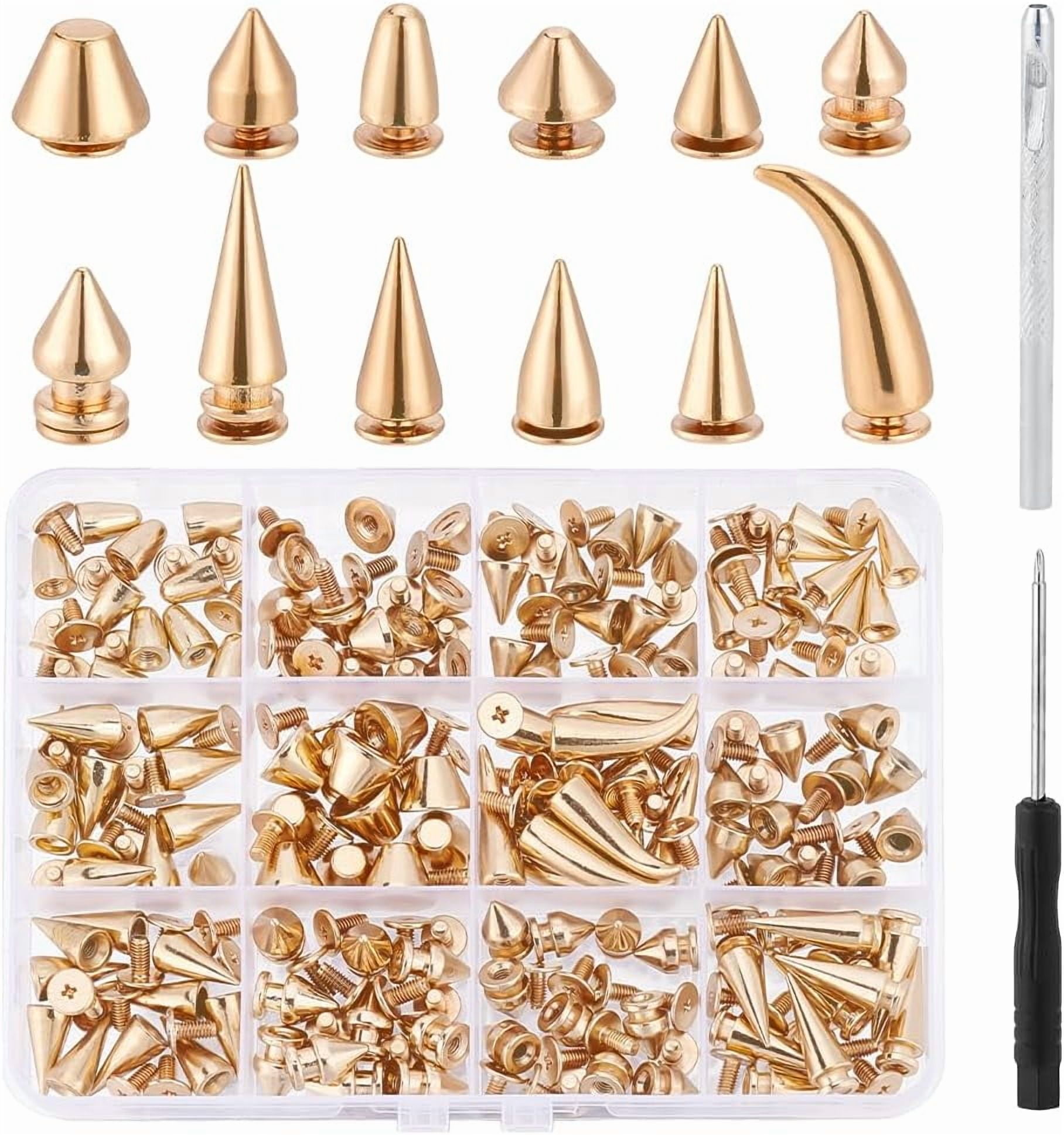 120 Sets 12 Styles Screw Back Studs and Spikes Kit Punk Spikes and Studs Gold Screw Back Cone Studs and Spikes Rivet Kit with Install Tools for Leather Craft Clothing Shoes Belts Bags Gold