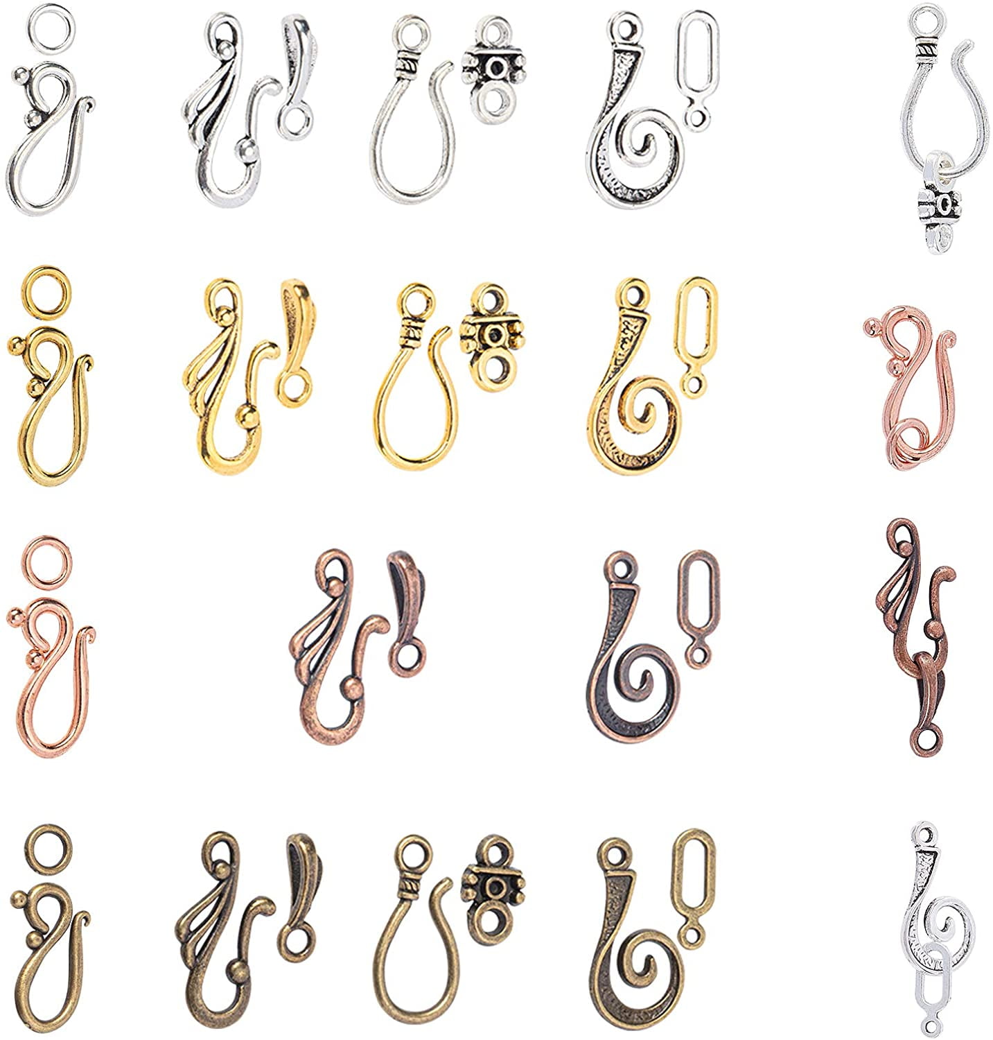 120 Sets 15 Styles S Hook Ring Toggle Clasps Tibetan Style Hook and Eye ...