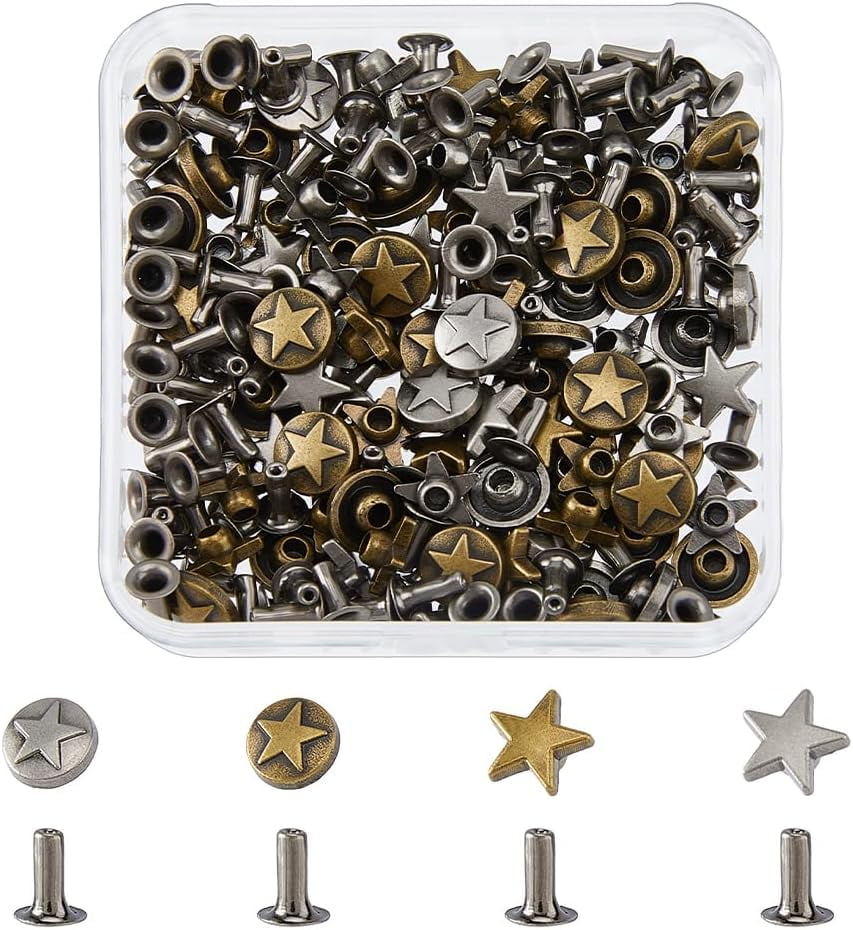 120 Sets 2 Styles Leather Rivets Star Rivets Antique Silver Alloy Star ...