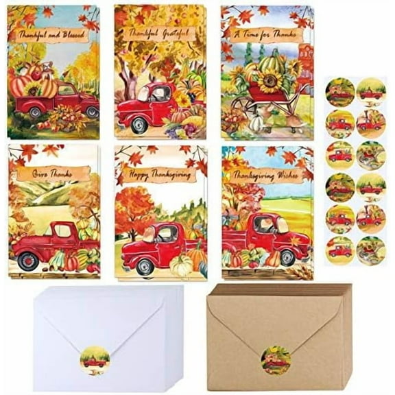 120 Sets Bulk Thanksgiving Cards (4x6) - with Envelopes, Stickers, 6 Watercolor Designs (Vintage Truck/Pumpkins), Blank Harvest/Give Thanks Cards for Fall Party $$Office