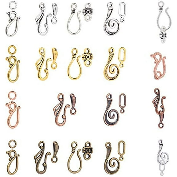 120 Sets S Hook Ring Toggle Clasps 15 Styles Tibetan Style Hook and Eye Clasps Hook Eye Toggle Cord Rope End Clasps Connector Beads for Necklace Bracelet Jewelry Making