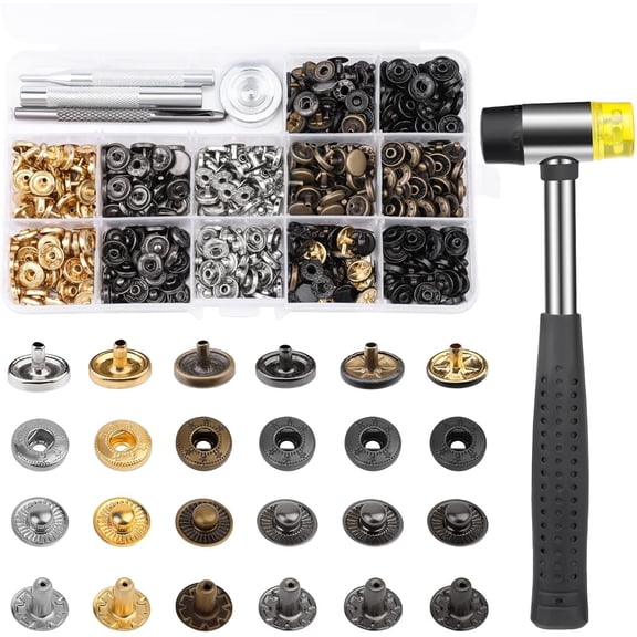 120 Sets Snap Fasteners Kit, 10mm Snap Buttons with Rubber Hammer, 6 Color Metal Snap Buttons Press Studs with 4 Setting Tools, Snaps for Fabric, Clothes, Jackets, Jeans Wears, Bags, Leather
