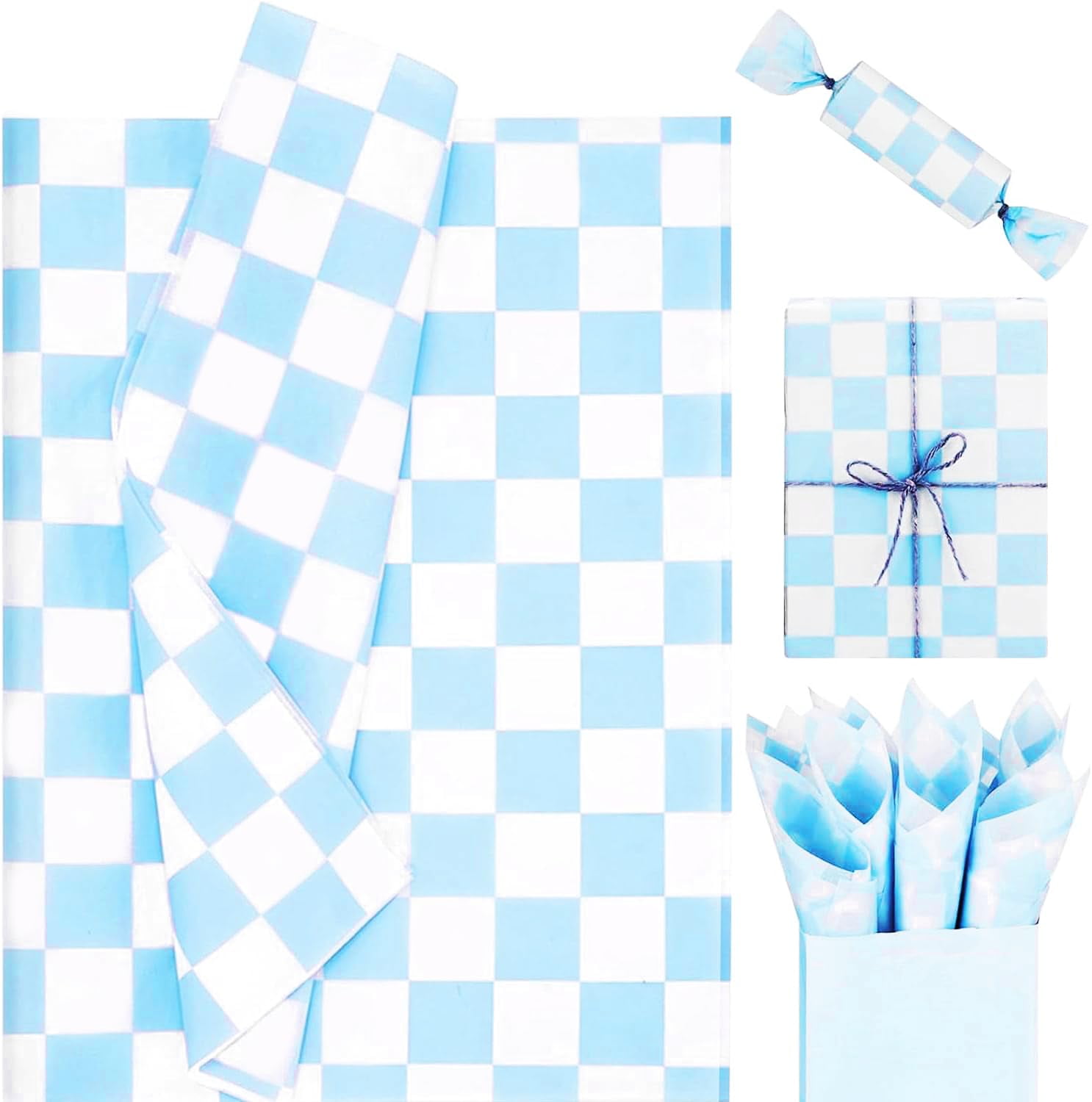 120 Sheets Baby Boy Checkered Tissue Paper, Blue and White Plaids Party