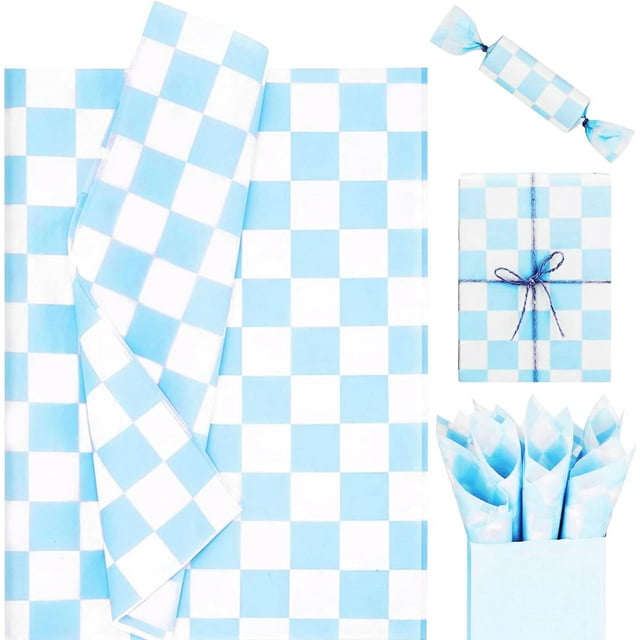 120 Sheets Baby Boy Checkered Tissue Paper, Blue and White Plaids Party
