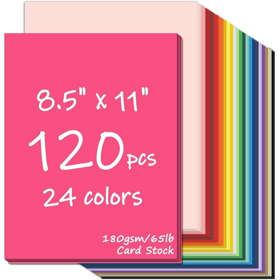 120 Sheets Colored CardStock, 180gsm/65lb 24 Colors Cardstock Print Paper 8.5 x 11 Inches, Double Sided Printed Card Stock Paper for Scrapbook School Office Printing DIY Craft