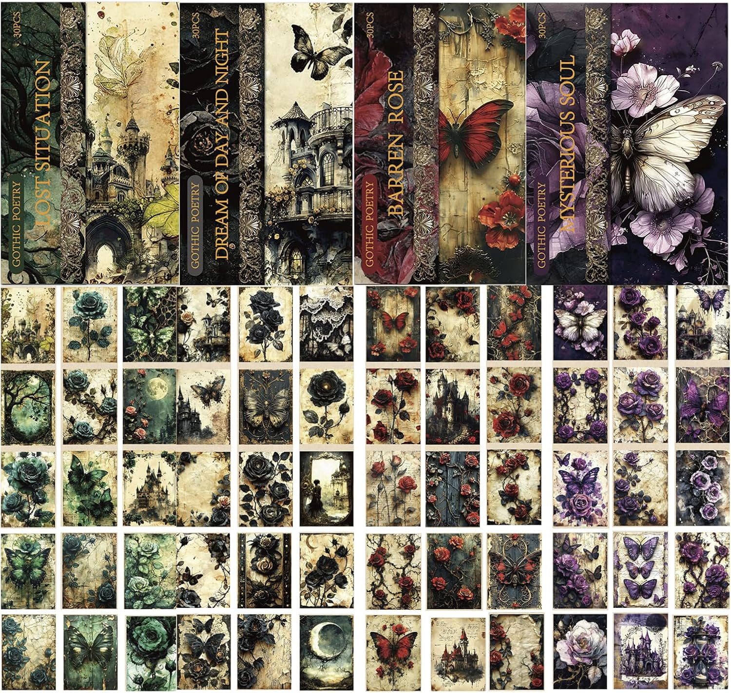 120 Sheets Gothic Scrapbooking Paper for Scrapbook Kit, Vintage Ephemera for Junk Journals, Magic Decoupage Paper for Journaling Supplies, Dark Academia Wall Decor Room for Home Decorations