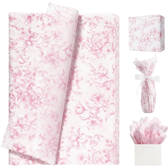 120 Sheets Pink Floral Tissue Paper, Rose Pink Bloom Gift Wrapping Paper for Wedding, DIY Craft Tissue for Birthday Party Decoration Packaging, 20 x 14 Inch