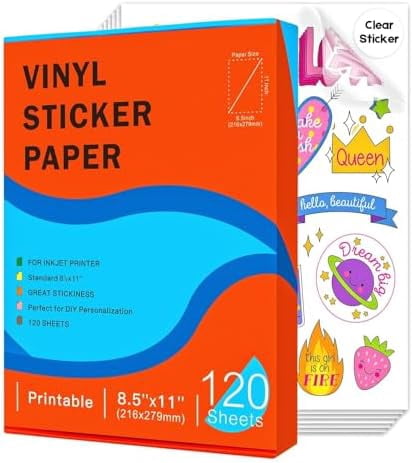 120 Sheets Printable Clear Vinyl Sticker Paper for Inkjet Printers, Transparent Paper of 8.5x11"DIY Personalized Self-adhesive Paper That Is Tear Resistant, Waterproof Labels, Easy to Cut