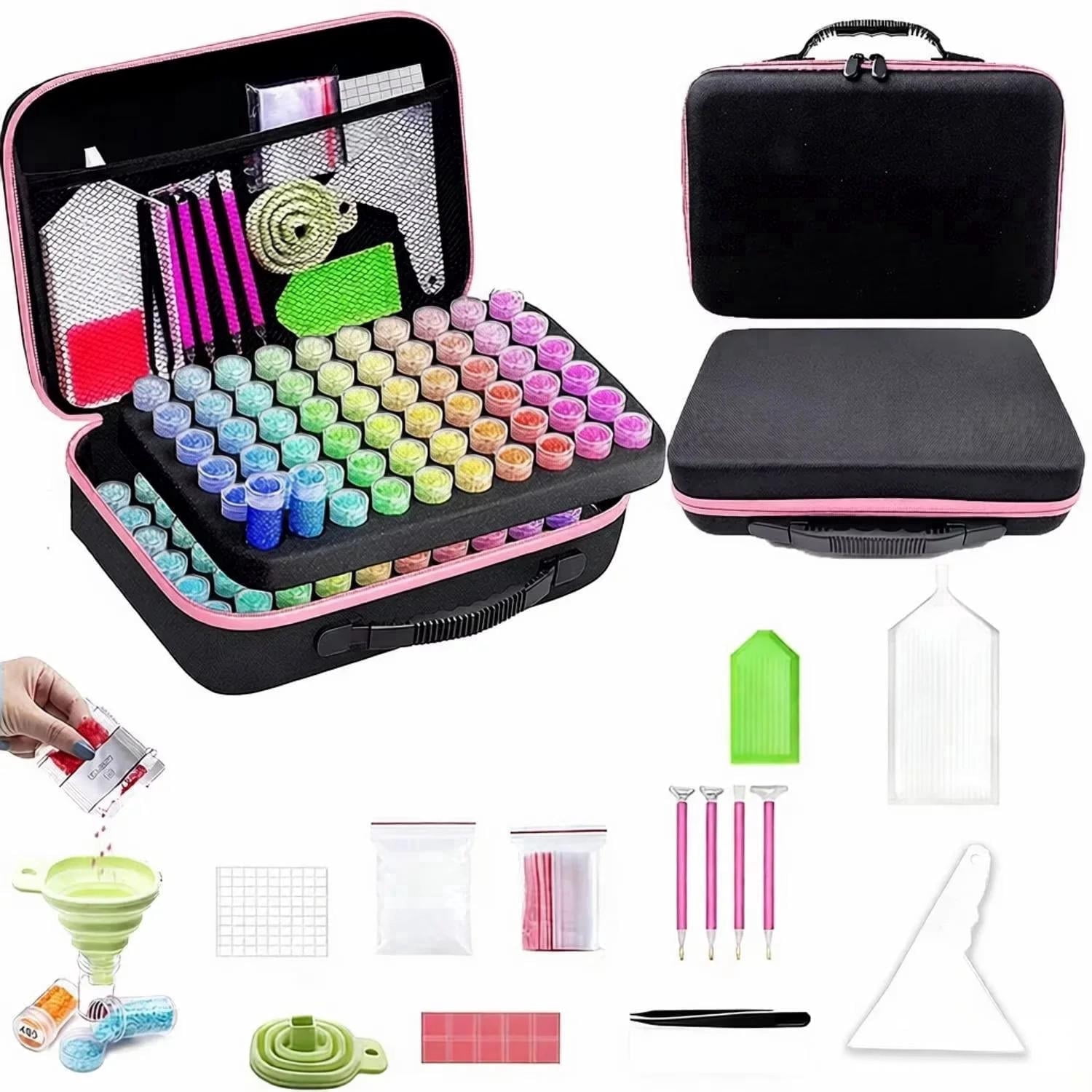 120-Slot Anti-Leak Storage Box for 5D Diamond Painting Kits, Portable Diamond Art Container with 30 Compartments & Pick-Up Pen for Diamond Painting Accessories and Tools, Pink