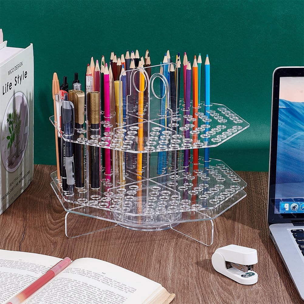 120 Slot Clear Pen Holder Acrylic Pencil Organizer 360° Rotating Marker Organizer Office Storage Supplies Holds for School Home Art Supply Makeup Brushes Storage Craft Shows