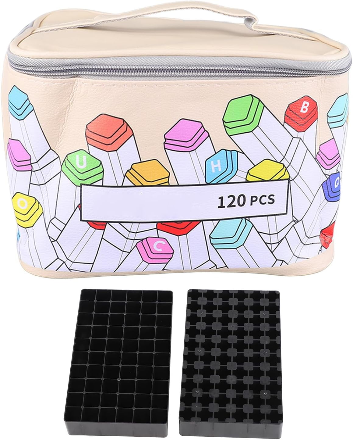120 Slot Marker Case, Leather Holder with Large Opening, Zipper, Carry Handle, Multi-Purpose Art Pens Pencils Lipstick Mascara Storage