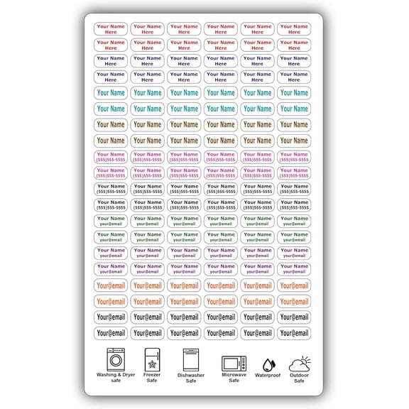 120 Small Personalized Waterproof Name Labels. Press and Stick Multi use Custom Mini Name Labels. Customized 2 Lines of Text and Color. Tiny Name Stickers with Permanent Self Adhesive.
