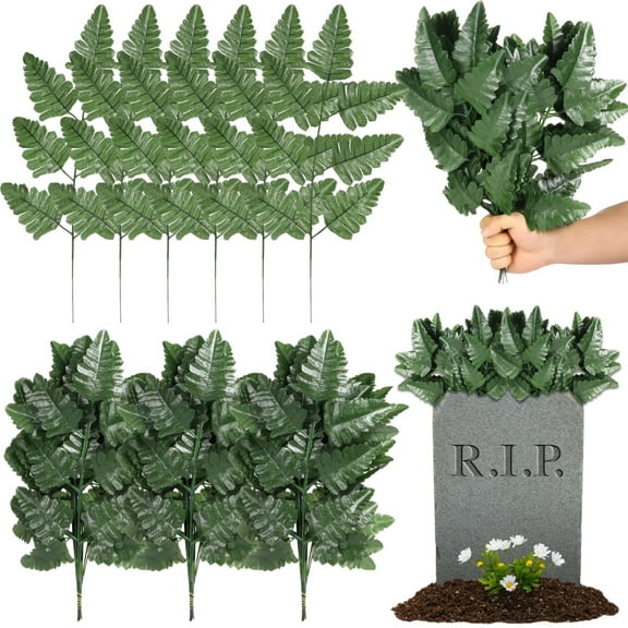 120 Stems Artificial Fern Cemetery Leaves, Silk Green Fern Leaves, Realistic Greenery Stems for Cemetery Grave, Headstone Floral Arranging Supplies, Ideal for Outdoor Wedding Decor